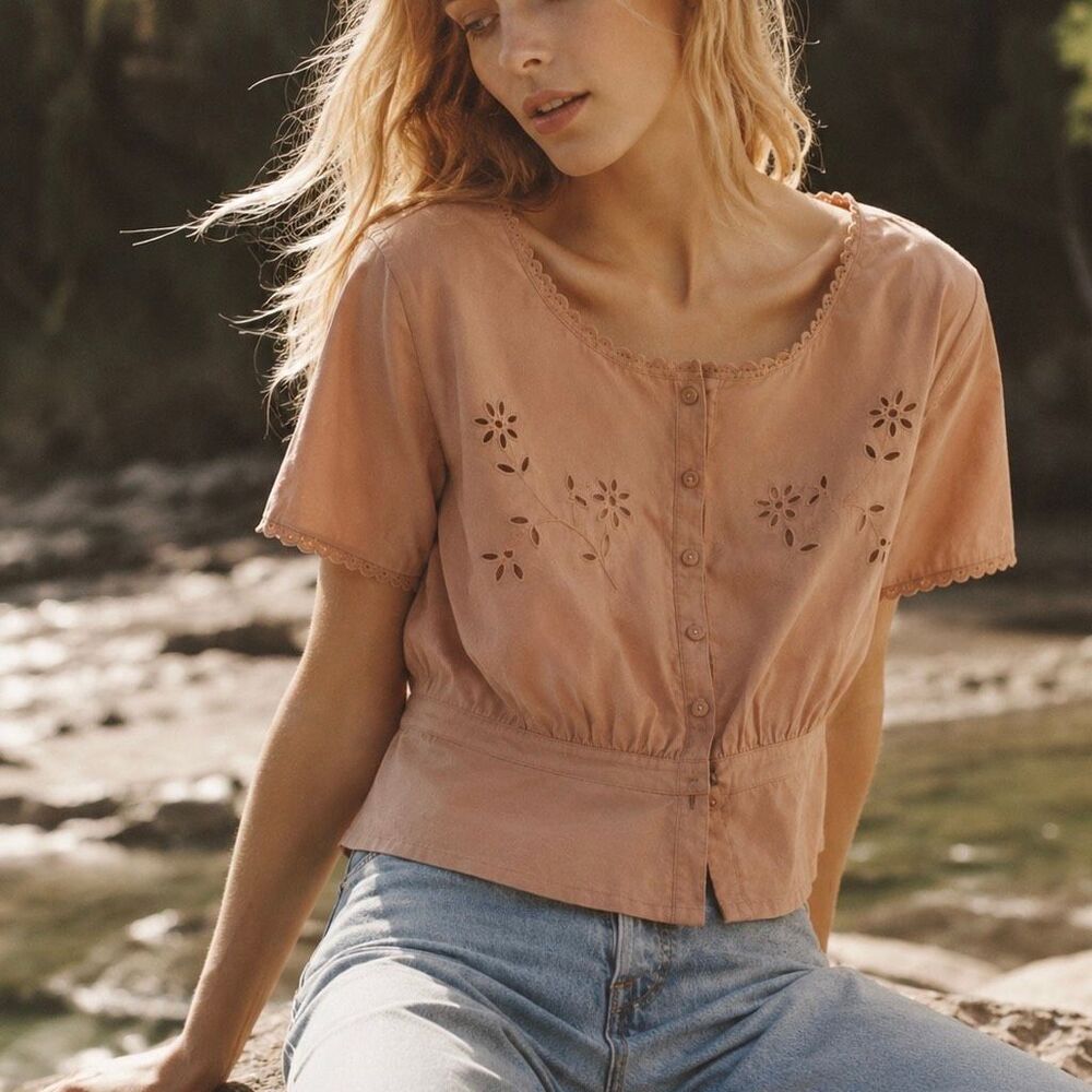 DOEN Juniper Top Size Medium Ruffle Button Down Cotton Terracotta Pink
